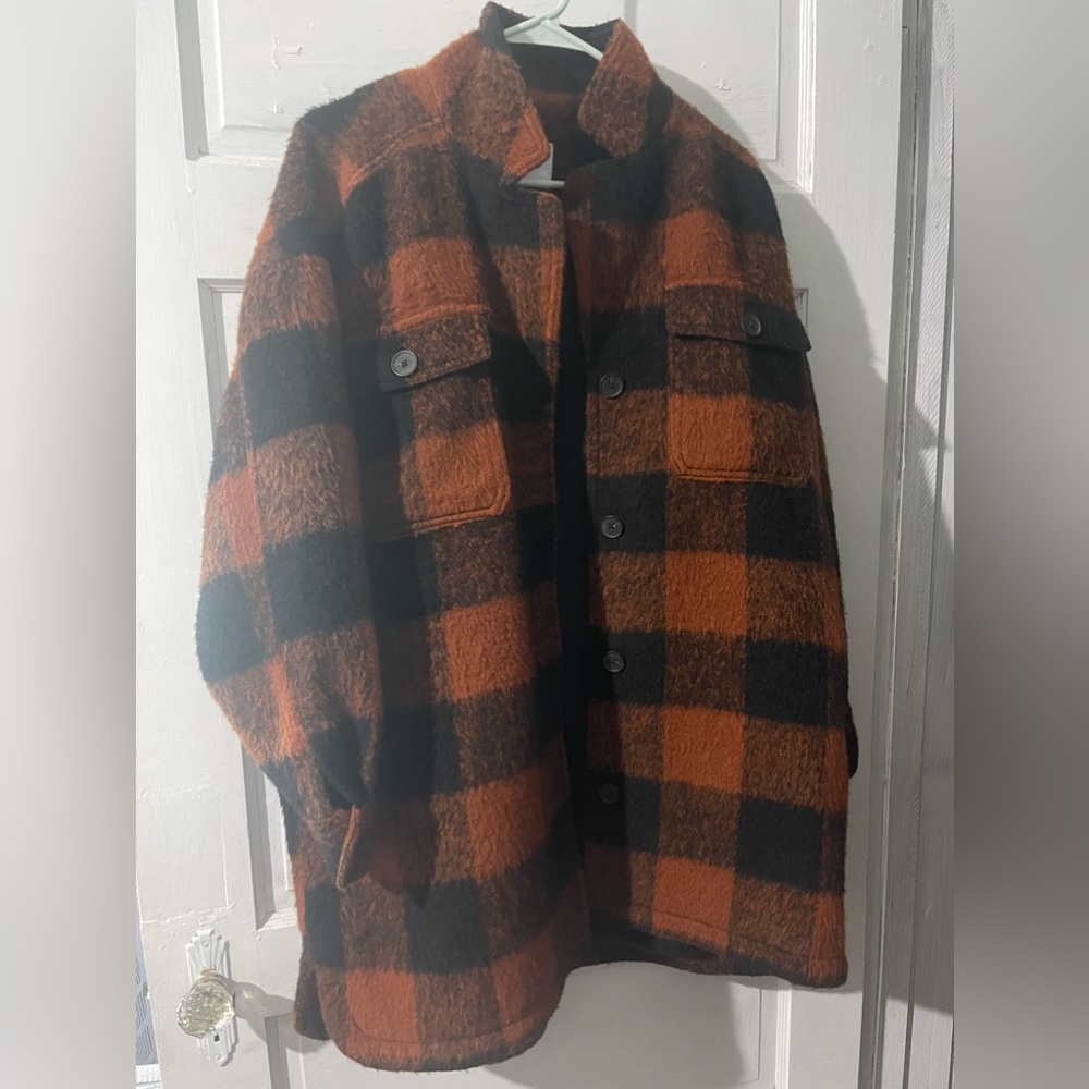 Old Navy Orange and Black Plaid Shacket